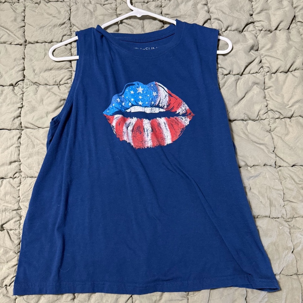 Fifth Sun Blue Tank Top with Patriotic Lips Design